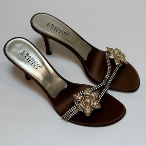 Franco Sarto Brown Slide Heels with Gold Crystal Floral Accents, Size 8